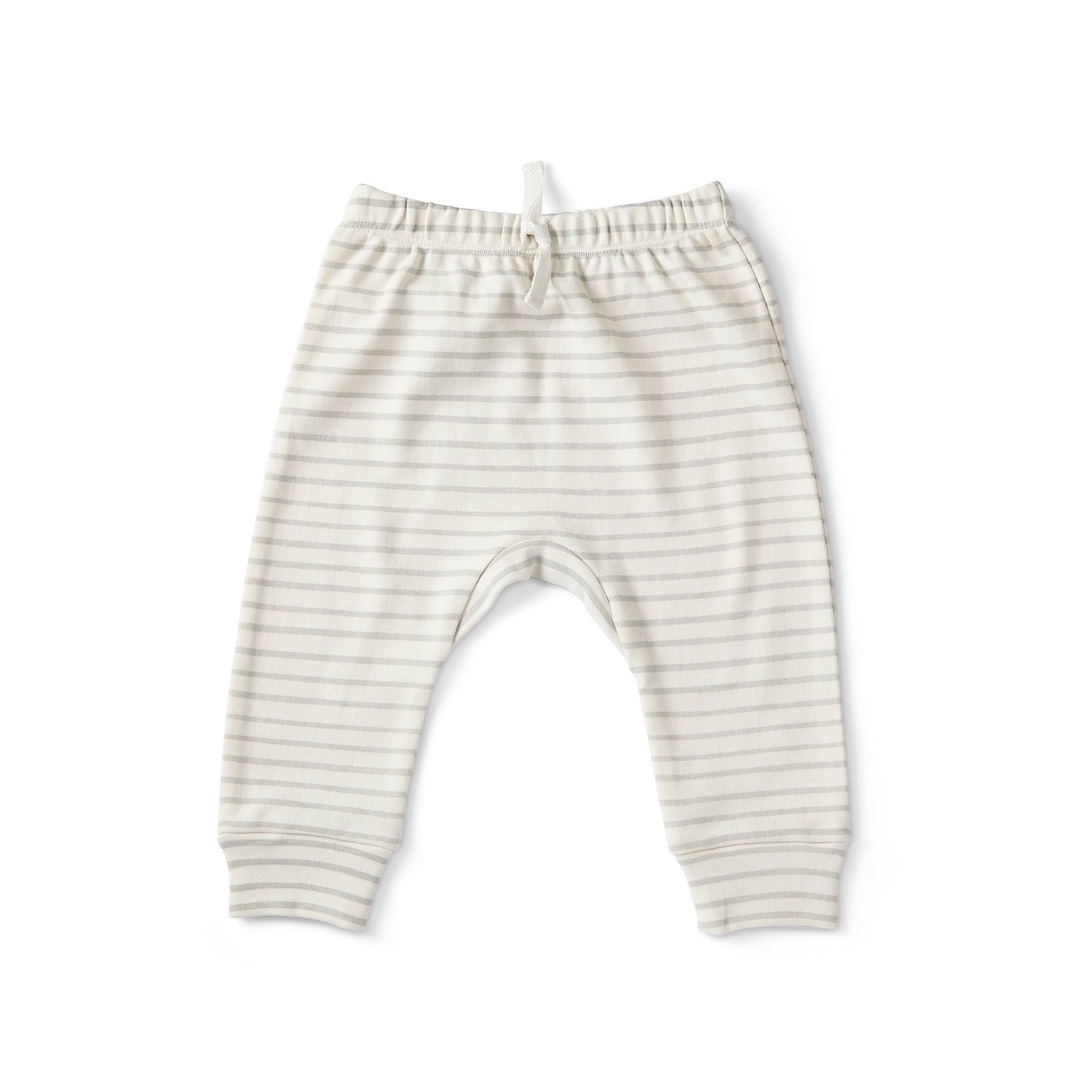 Pehr Pebble Organic Harem Pant. GOTS Certified Organic Cotton & Dyes. White with light grey stripes.