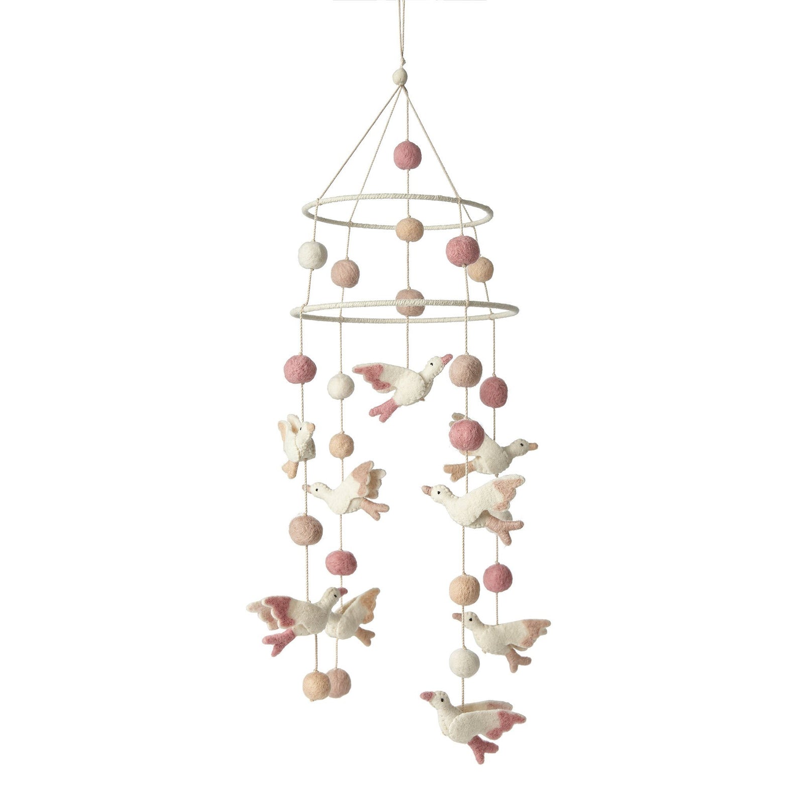 Pehr Two-Tiered Birds of a Feather Mobile. Handmade, 100% wool felt. Two-tiered with pink and white birds and dots.
