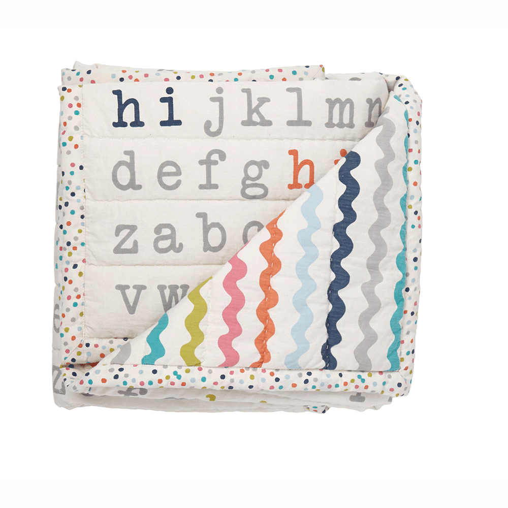 Pehr Multi Hi Blanket. Hand printed. Cotton. White with coloured dot border and alphabet pattern.