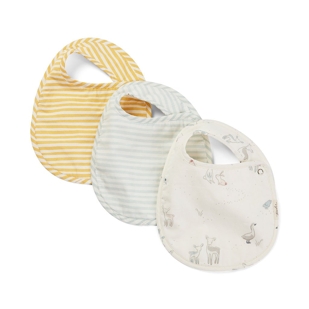 Pehr Just Hatched & Stripes Away Bib Set of 3. Hand printed. White with gold stripes, white with light blue stripes, and white with Just Hatched print.