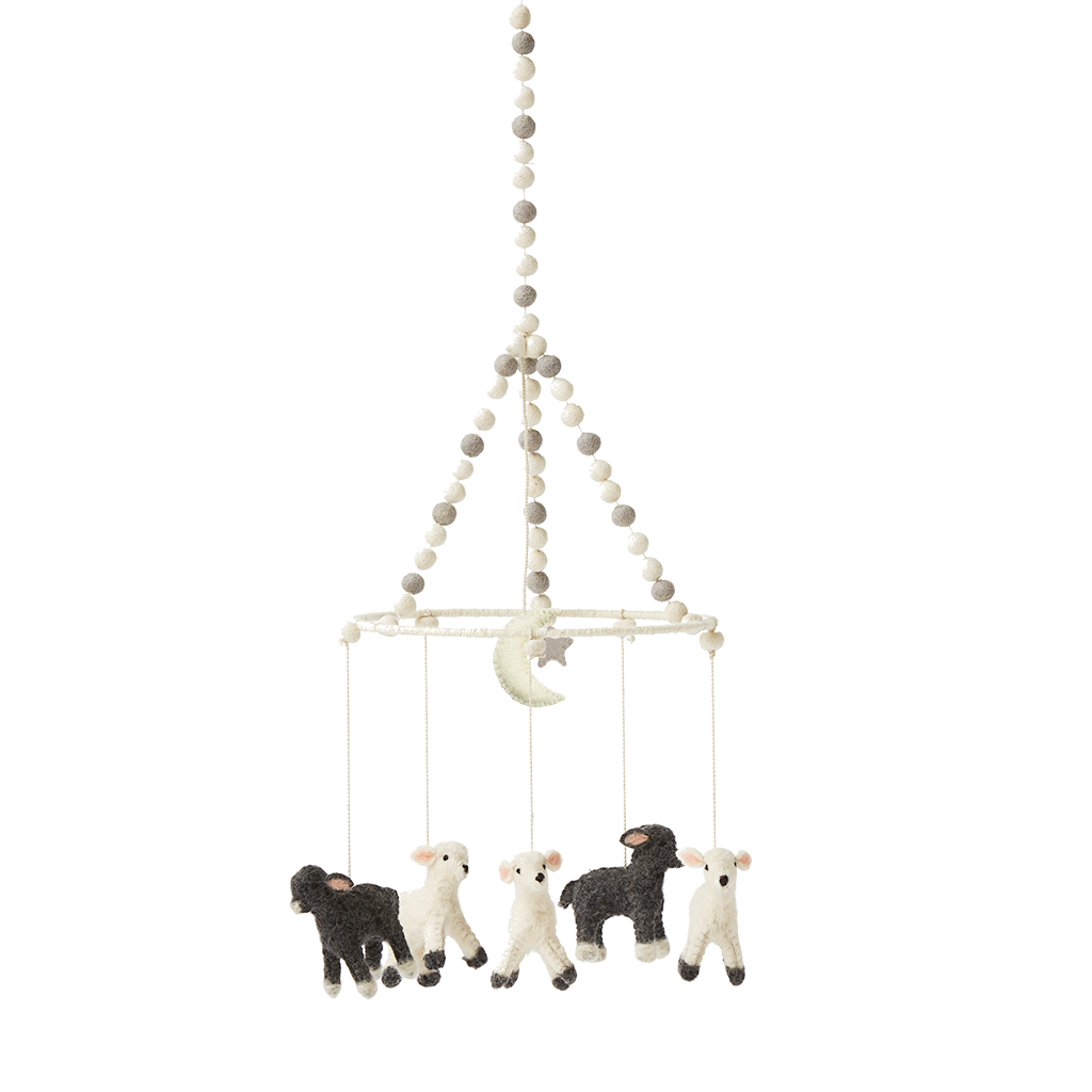 Pehr Little Lamb Classic Mobile. Ethically Handmade using 100% wool and AZO-Free dyes. Mobile with Lambs.