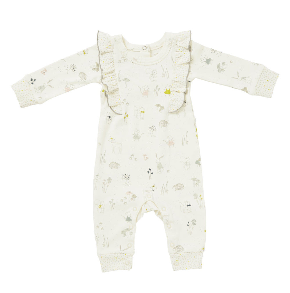 Pehr Long Sleeve Magical Forest Romper. Certified organic cotton. White with animals.
