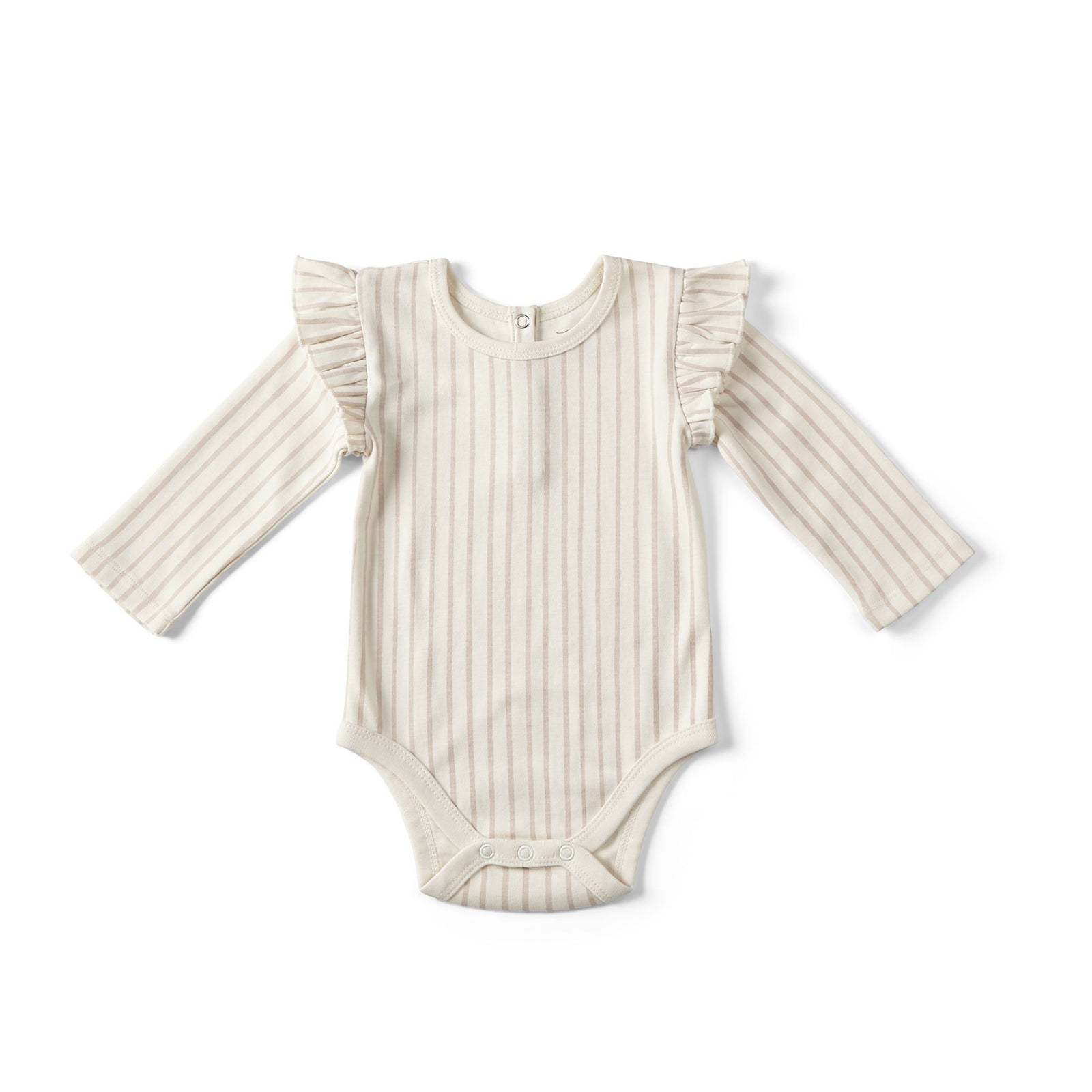 Pehr Stripes Away Petal with Ruffle Organic One-Piece, Long Sleeve. GOTS Certified Organic Cotton & Dyes. White with light pink stripes, long sleeve, ruffles on shoulders, button closure at bottom.