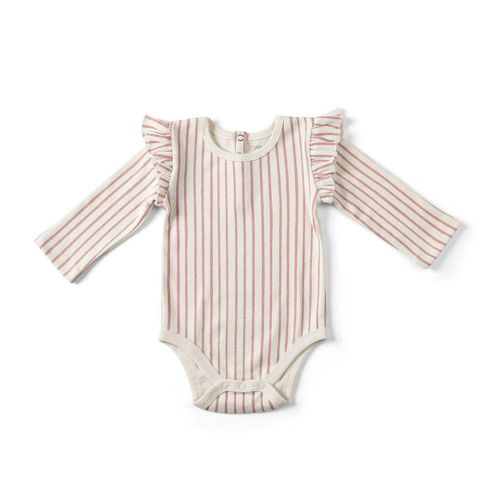 Pehr Stripes Away Dark Pink with Ruffle Organic One-Piece, Long Sleeve. GOTS Certified Organic Cotton & Dyes. White with dark pink stripes, long sleeve, ruffles on shoulders, button closure at bottom.