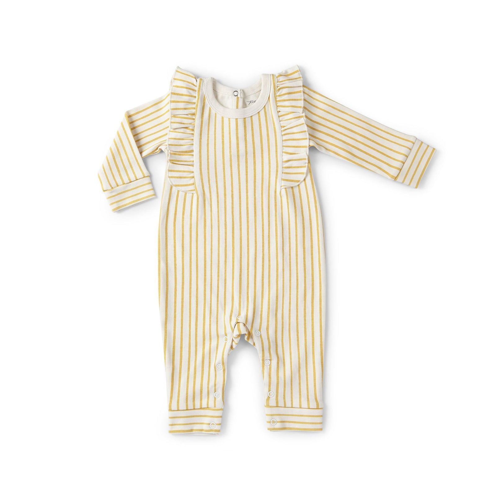 Pehr Long Sleeve Stripes Away Marigold w/Ruffle Romper. Certified organic cotton. White with gold stripes.