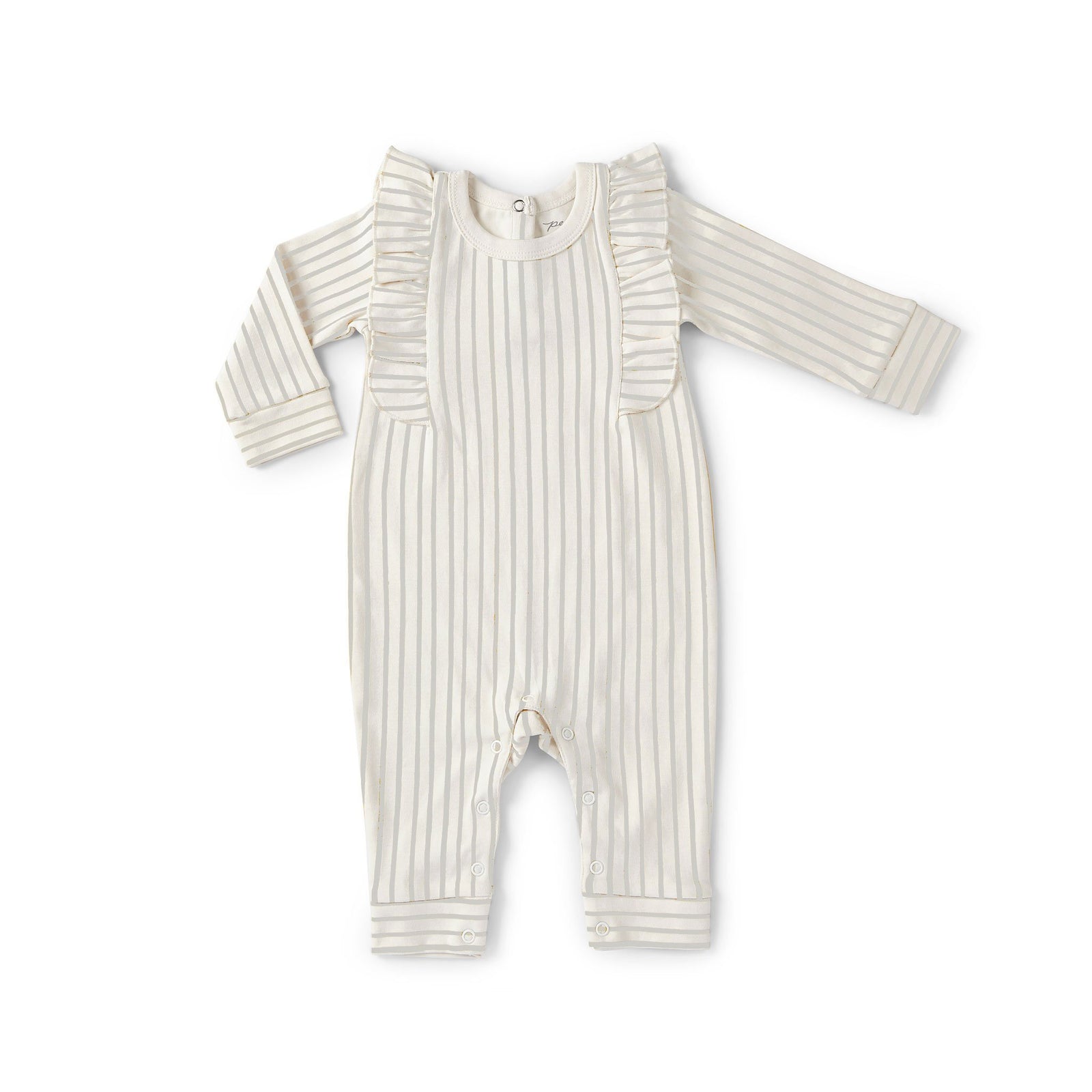 Pehr Long Sleeve Stripes Away Grey w/Ruffle Romper. Certified organic cotton. White with grey stripes.