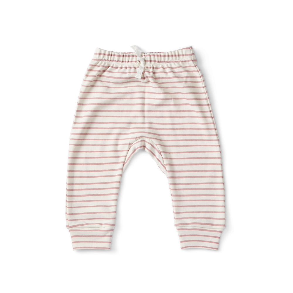 Pehr Dark Pink Organic Harem Pant. GOTS Certified Organic Cotton & Dyes. White with pink stripes.