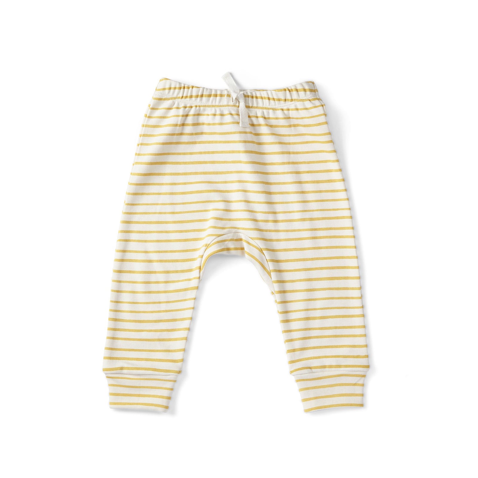 Pehr Marigold Organic Harem Pant. GOTS Certified Organic Cotton & Dyes. White with gold stripes.
